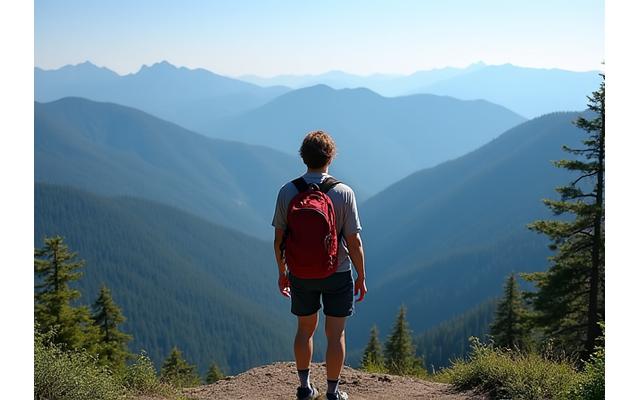 Hiker looking out over the panoramic view from Diamond Peak summit