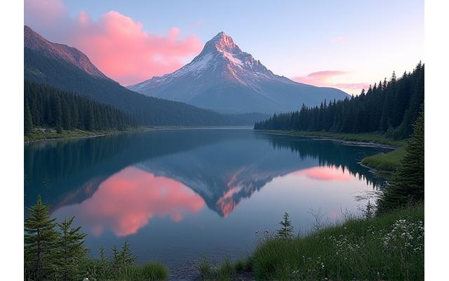 Mount Jefferson reflecting in a calm backcountry lake at dawn