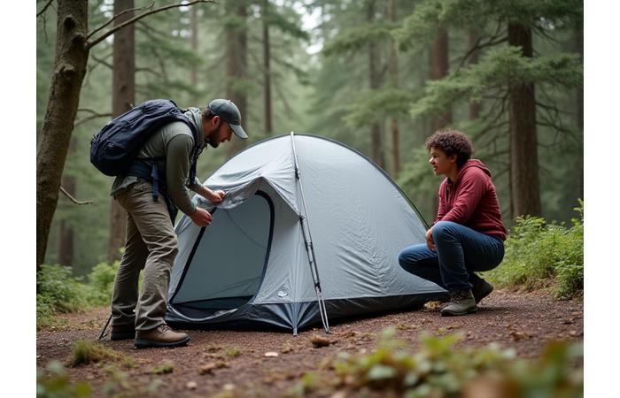 Backpacking guide demonstrating how to set up a lightweight tent in a scenic wilderness setting
