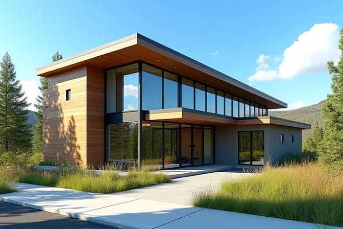 Exterior view of the Mordelivaxentra office building in Bend, Oregon, with mountains in the background.