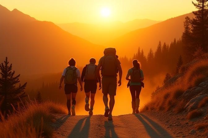Diverse group of hikers celebrating at a scenic Oregon viewpoint in bright sunshine.