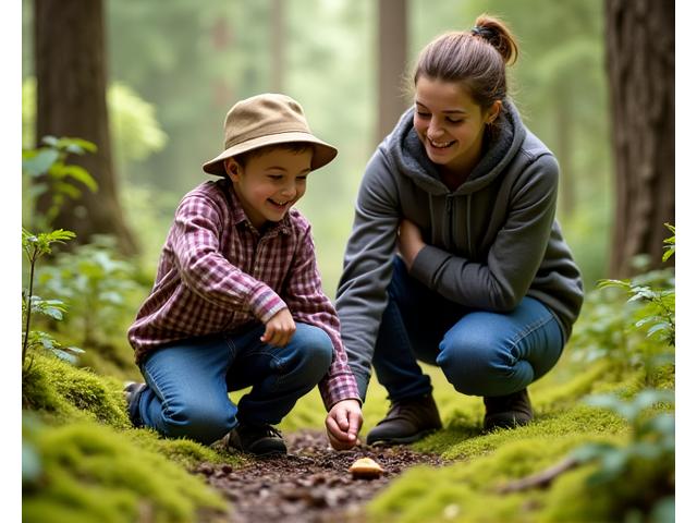 Young child pointing excitedly at something on a forest trail, with parent and guide smiling.
