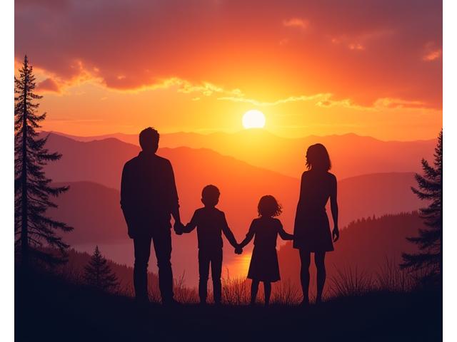 Family silhouetted against a beautiful Oregon sunset, holding hands.
