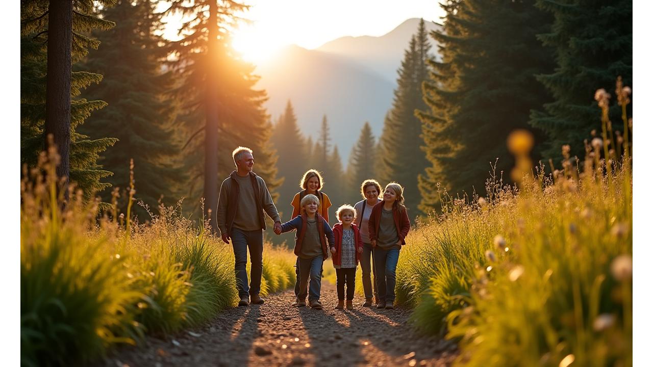 Smiling multi-generational family hiking a gentle trail in Oregon, with lush greenery and mountains in the background.