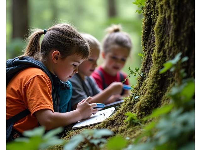 Children using magnifying glasses to examine leaves with a guide in an Oregon forest.