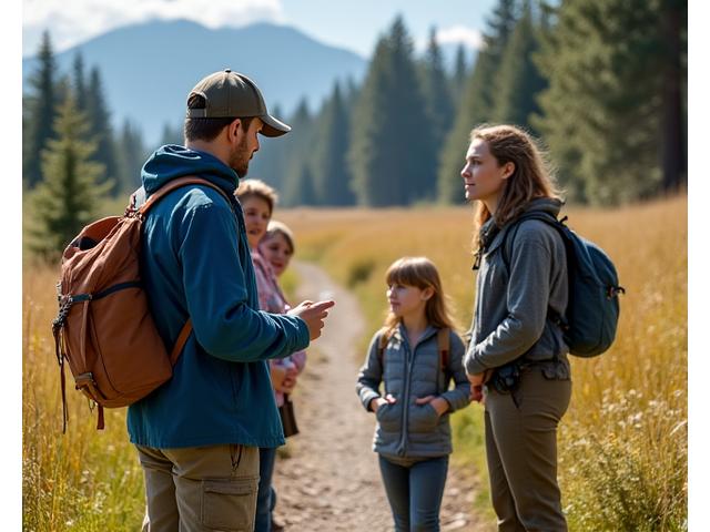Professional guide demonstrating safe outdoor practice to a family with children, pointing to a map.