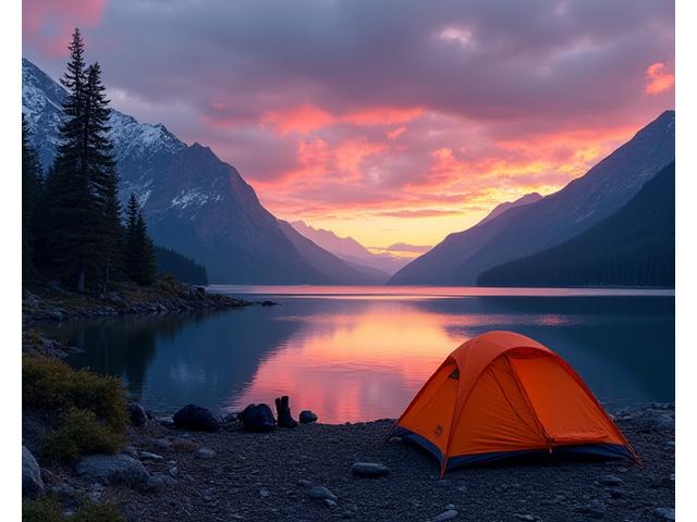 Backpackers setting up camp by a pristine alpine lake at sunset in the Oregon Cascades