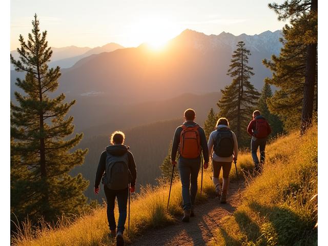 Group of hikers on a mountain trail overlooking a vast forest and distant peaks in Central Oregon