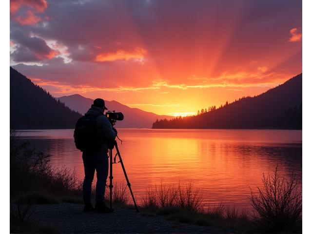Photographer with camera on tripod capturing sunrise over Sparks Lake, Central Oregon