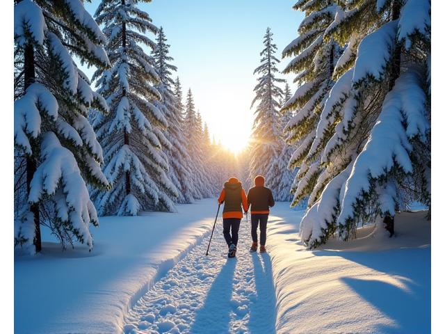 Two individuals snowshoeing through a pristine snow-covered forest in Oregon, sunlight filtering through trees