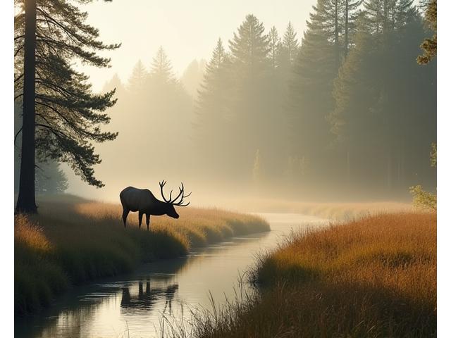 Elk grazing in a misty meadow near a river at sunrise, Central Oregon