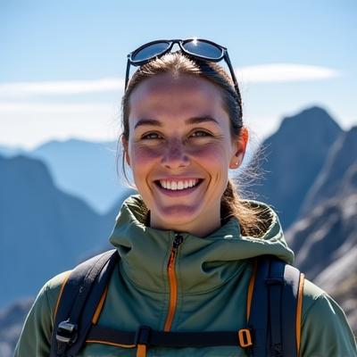 Professional mountain guide Elara Vance smiling, wearing outdoor gear, with a rugged mountain backdrop
