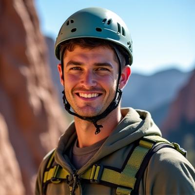 Professional mountain guide Jackson Cole looking confident, with a climbing harness and a dramatic rock formation behind him