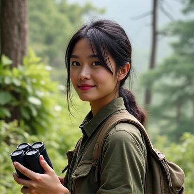 Professional mountain guide Dr. Sara Chen, a wildlife biologist, with binoculars in hand in a forested mountain environment