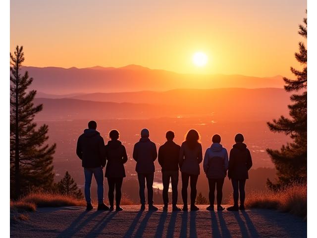 A group of hikers watching the sunrise from the top of Pilot Butte, overlooking Bend, Oregon