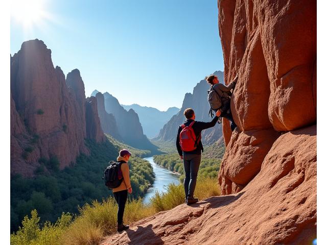 Climbers ascending a rock face at Smith Rock State Park, with the Crooked River Canyon in the background