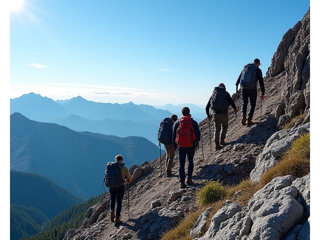 Hikers on the summit trail of South Sister, Oregon, with panoramic views of other Cascade peaks