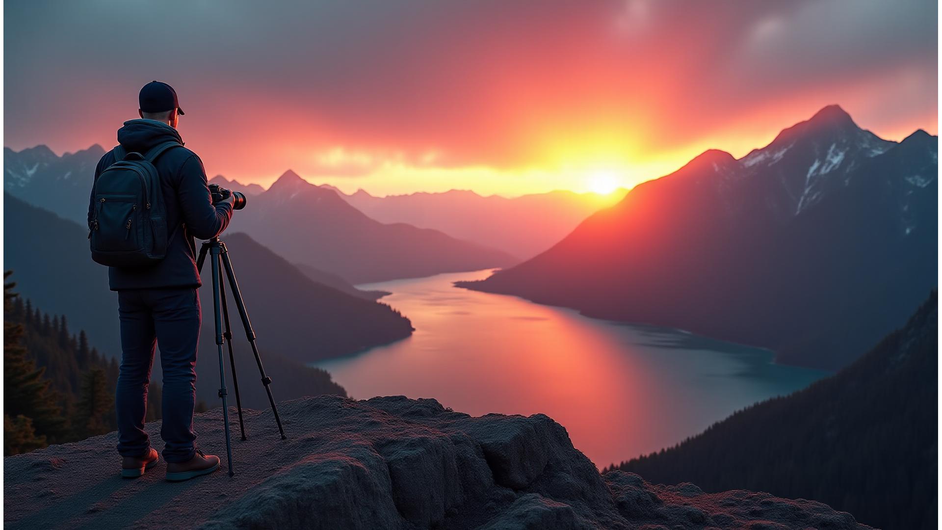 Photographer capturing a dramatic sunrise over the Cascade Mountains with a wide lens