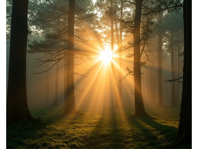 Dramatic sun rays breaking through clouds over a forest at sunrise