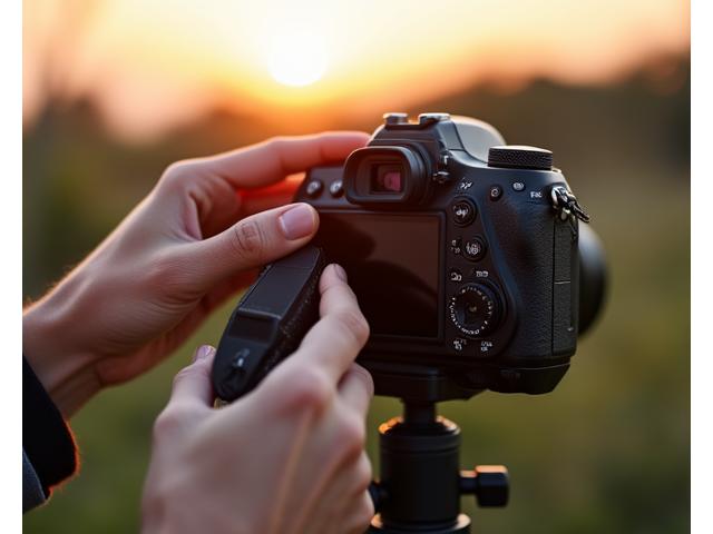 Photographer adjusting camera settings on a tripod during golden hour
