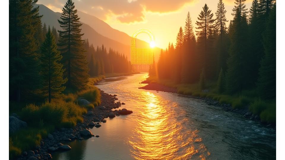 Digital lock icon over a data stream with a backdrop of a serene mountain landscape in Oregon, symbolizing protection of information amidst nature.