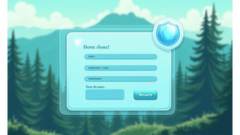 Illustration of secure data collection: person entering information into a digital form with nature background, protected by a shield icon.