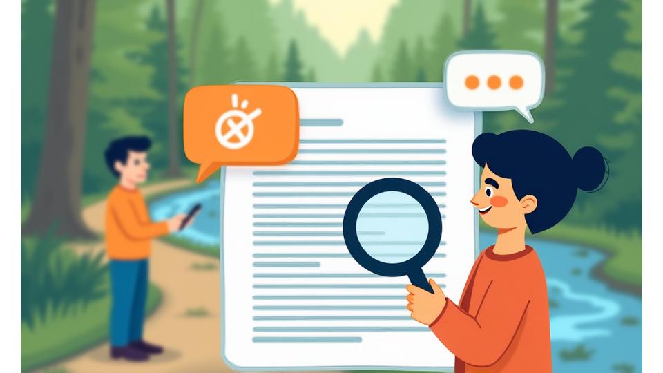 Illustration of a person reading a document with a magnifying glass next to a contact speech bubble, set against a calming Oregon nature backdrop.