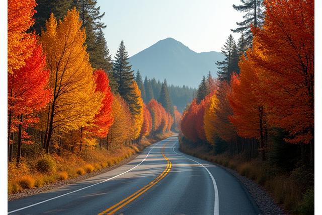 Road winding through vibrant autumn trees in McKenzie Pass, Oregon