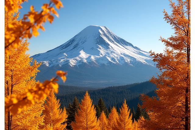 Panoramic view of Mount Hood framed by brilliant yellow and orange autumn foliage