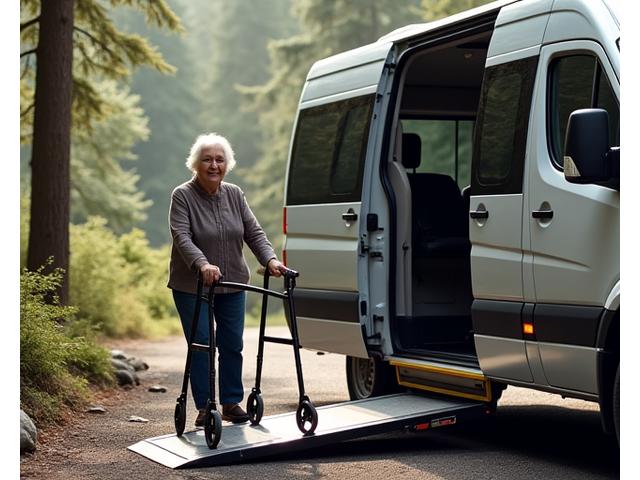 An accessible tour van with a ramp extended, an older woman with a walker easily boarding. The van is parked near a scenic viewpoint in a forest setting, highlighting comfortable transportation and gentle access.
