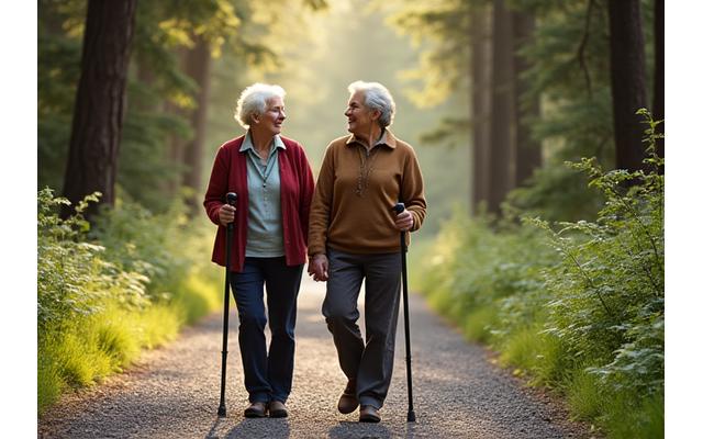 An older woman with a walking stick and another senior friend enjoying a gentle walk on a flat, well-maintained trail through an old-growth forest, dappled with sunlight, showcasing ease of movement and natural beauty.