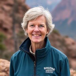 An older female guide, mid-50s, with kind eyes and a warm smile, wearing a Riverbend Tours branded jacket next to a scenic viewpoint in Smith Rock State Park.