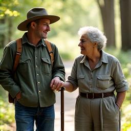 A male guide, mid-40s, with a friendly demeanor and a hat, assisting an older woman with a walking stick on a gentle forest path, both smiling.