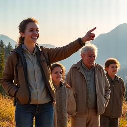 A young female guide, late 20s, with bright, enthusiastic eyes, interacting joyfully with a multi-generational family on an accessible viewpoint, pointing to a distant mountain.