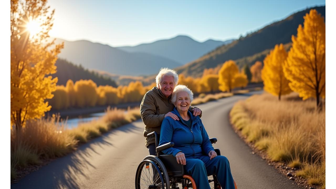 A joyful senior couple, one in a well-equipped wheelchair, enjoying a scenic paved trail overlooking the Deschutes River in Bend, Oregon. Both are smiling, dressed in comfortable outdoor gear, with vibrant fall foliage in the background under clear blue skies.