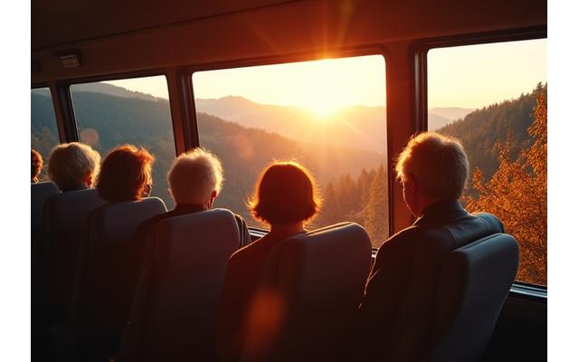 A group of seniors enjoying a scenic drive, looking out from a comfortable tour van window at a stunning view of the Cascade Mountains, with sunlight filtering through the trees.