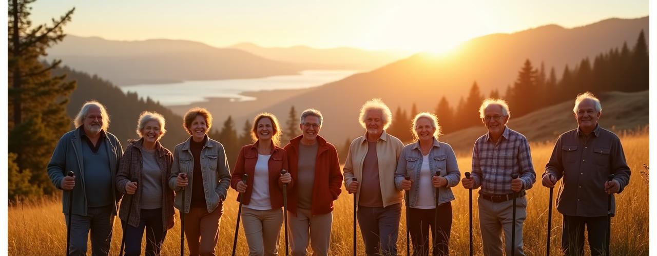 A diverse group of seniors and a few adult family members, some using mobility aids, happily gathered at a scenic overlook in the Oregon wilderness, laughing and enjoying the view together. Sunlight is warm on their faces.
