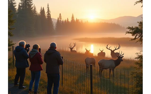 A small group of seniors with binoculars quietly observing elk in a meadow near a river at dawn, from an elevated, accessible viewing platform, emphasizing tranquil wildlife observation.