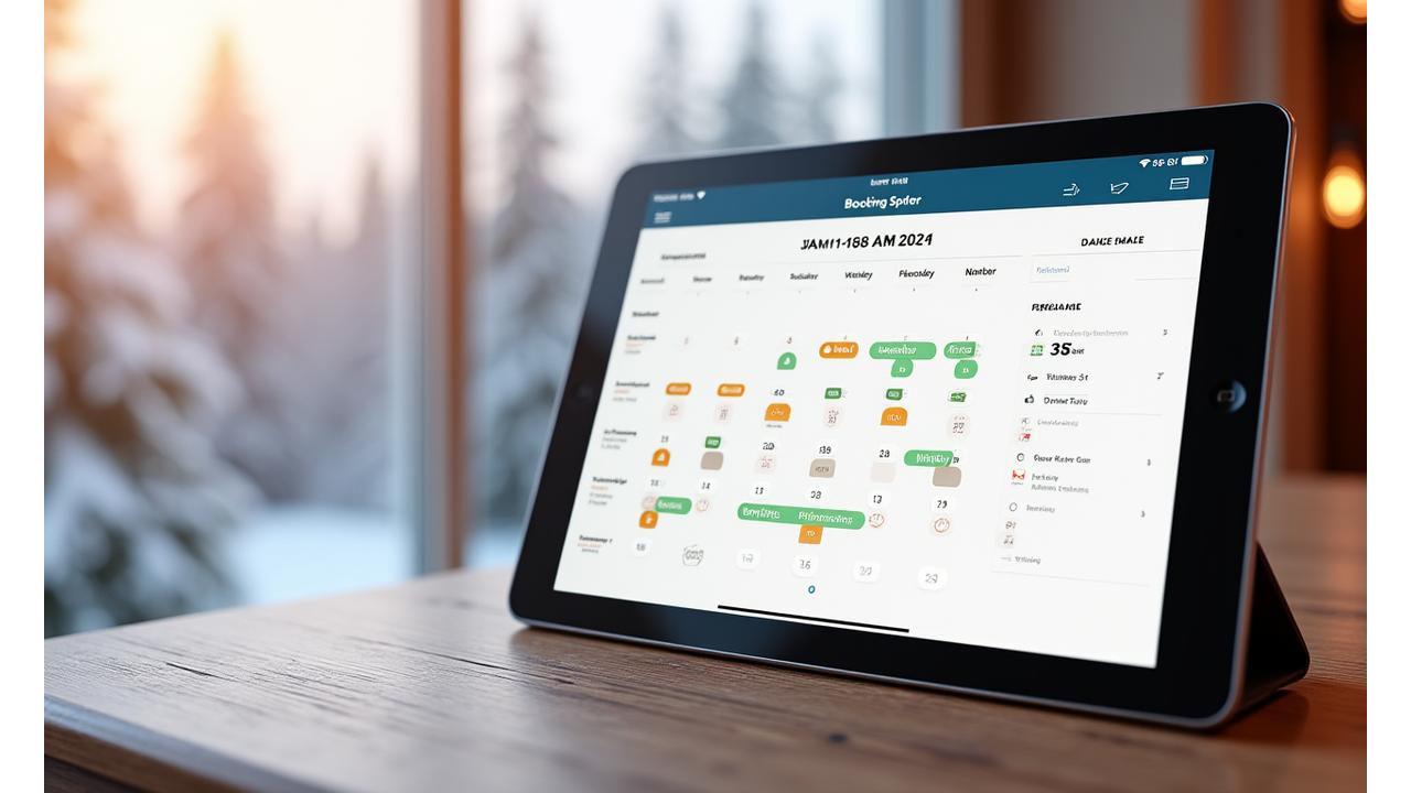 A dynamic calendar interface showing available snowshoeing tour dates with green indicating open spots and orange indicating limited spots