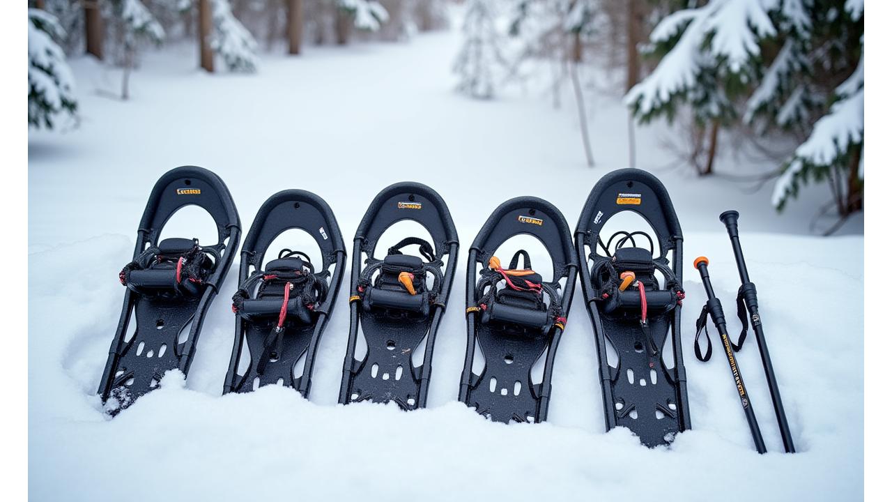 Array of modern snowshoes and poles neatly arranged on fresh snow, ready for use