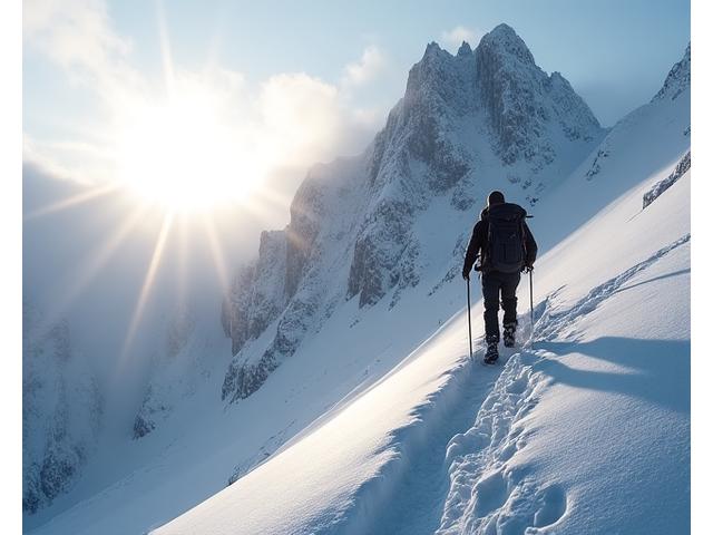 Experienced snowshoer ascending a steep, untouched snowy slope towards a mountain peak, dramatic lighting