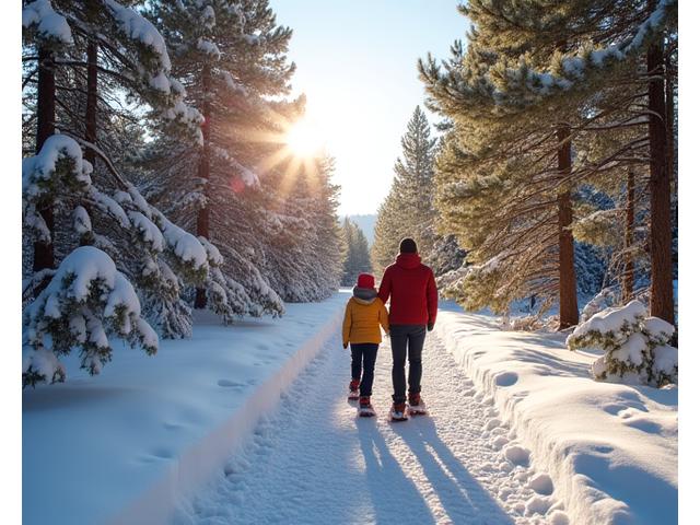 Two people snowshoeing on a gentle, groomed trail through a snowy forest, bright winter day