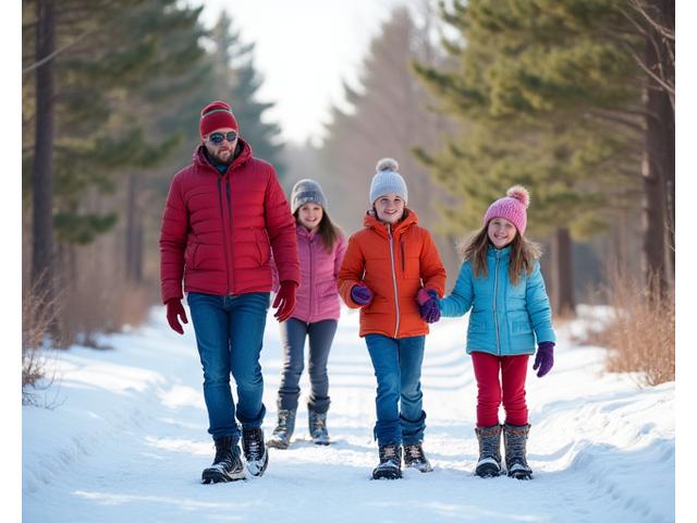 Family with young children snowshoeing on a flat trail, laughing, surrounded by snow-covered trees