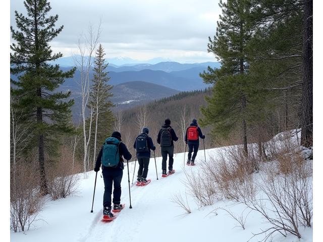 Small group of snowshoers on a rolling forest trail with distant mountain views, a slight incline