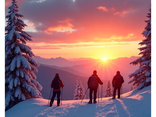 Group of snowshoers watching a vibrant sunrise over a snowy mountain landscape, golden light