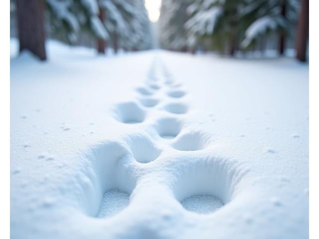 Fresh deer tracks in deep snow in a forest, late afternoon light