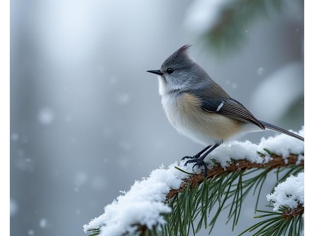 A small bird, possibly a chickadee, perched on a snowy pine branch in soft daylight