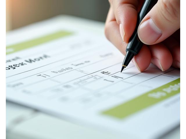 Close-up of a hand signing a clear, professional booking form with a pen, representing a commitment to transparent travel agreements and payment policies.