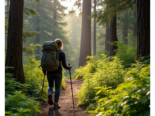 A hiker on a trail with a backpack and trekking poles, demonstrating safe and responsible outdoor participation amidst a lush Oregon forest, highlighting adherence to adventure tour rules.
