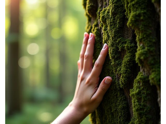 An individual gently touching the bark of a moss-covered tree during a forest bathing session in a serene Oregon forest.